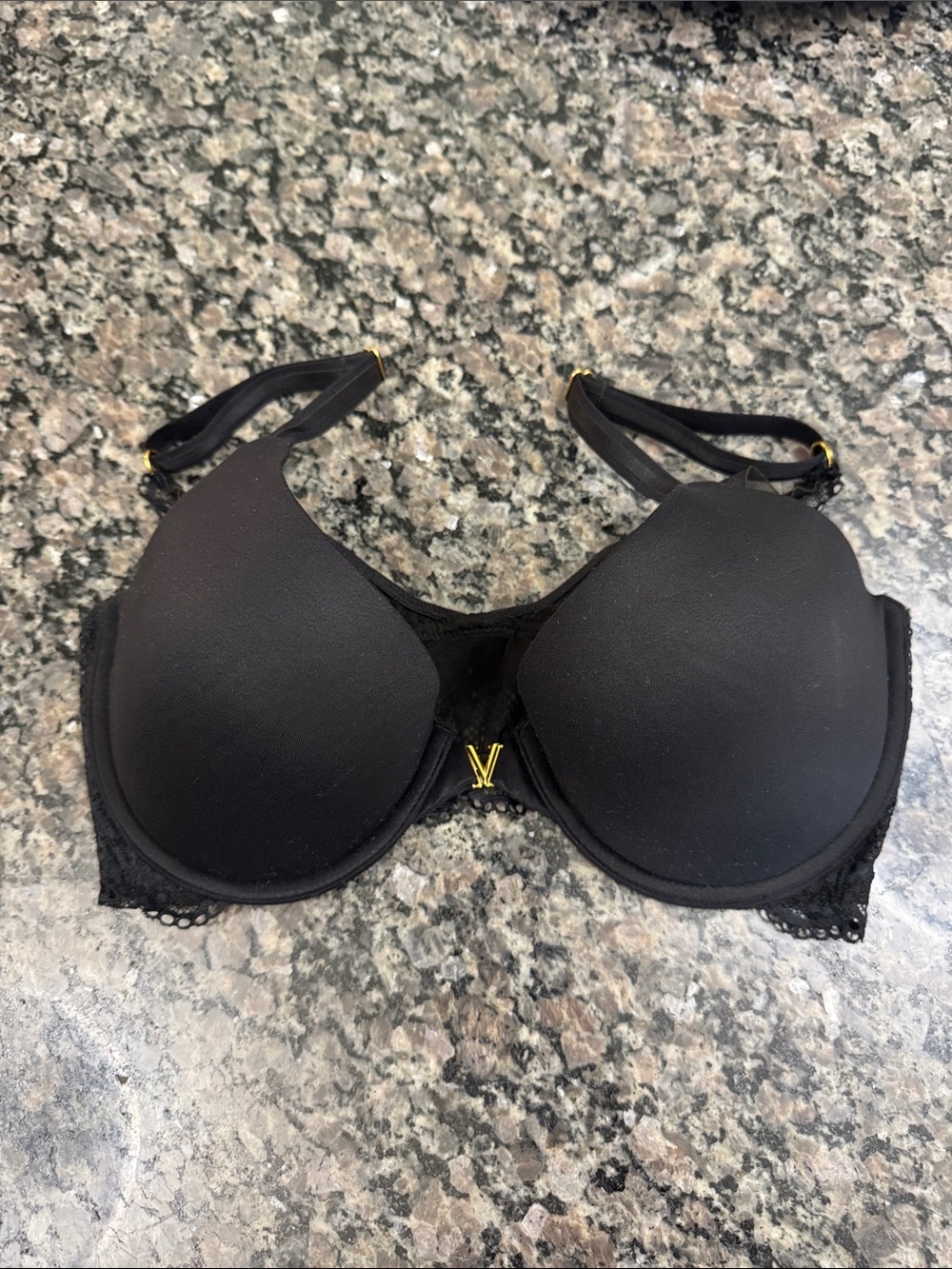 Victoria's Secret Black Padded Underwire Bra with Gold V front closure Charm EUC